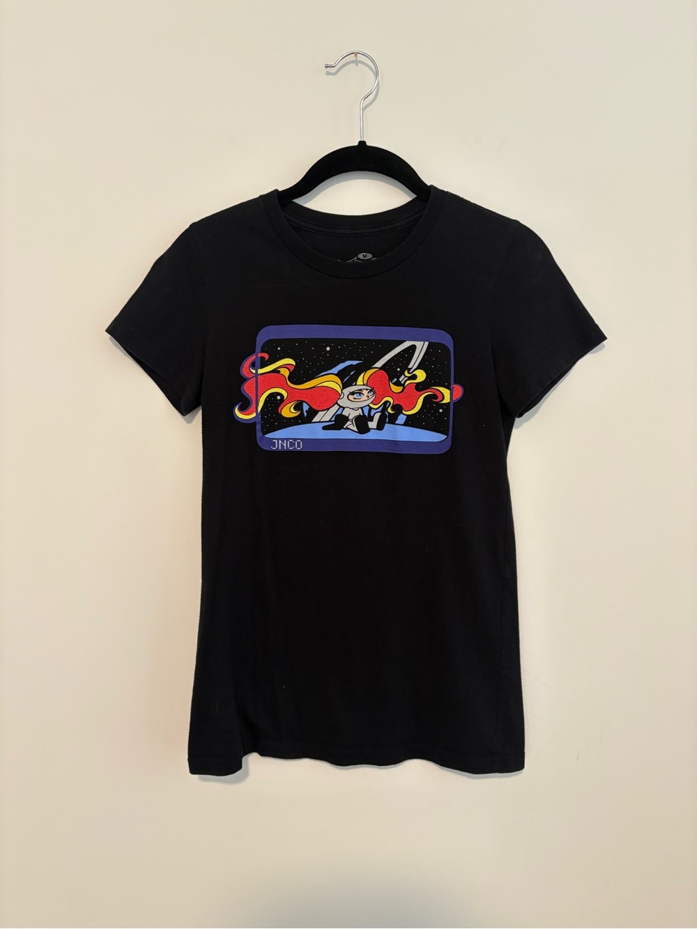 JNCO Black Short Sleeve Tee with Retro Space Graphic